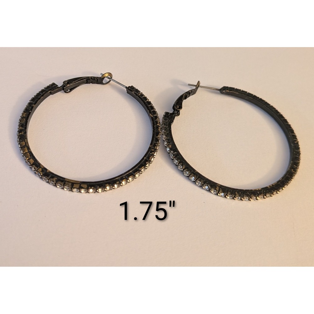 Black Metal Rhinestone Hoop Earrings 1.75 Inch Lever Back Sparkly‎ Edgy Women